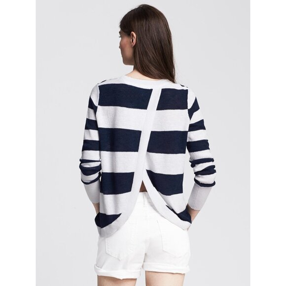 Banana Republic Navy White Striped Cross-Back Long-Sleeve Linen Blend Sweater S - Picture 4 of 9